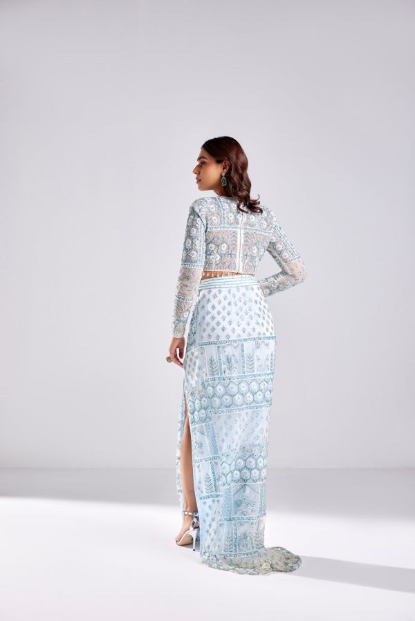 POWDER BLUE FLORAL AND GEOMETRIC MOTIF OPEN TRAIL SKIRT Online