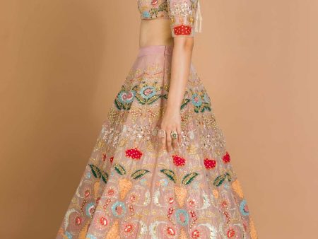 Peach Heavy Kali Lehenga with Blouse and Cutwork Tissue Dupatta Online