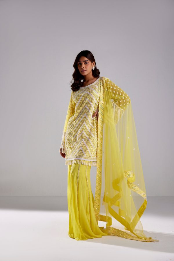 CANARY YELLOW WITH WHITE MIX FLARED PANTS AND DUPATTA Supply