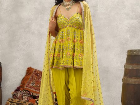 Lime Green Embroidered Peplum, Dhoti And Dupatta Set For Discount