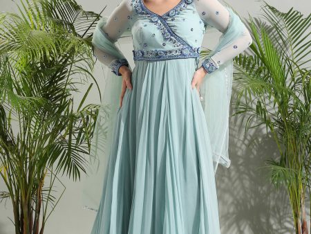 Dusty Blue Anarkali Set Discount