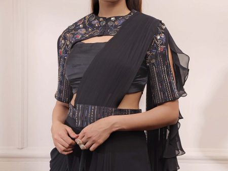 Black onyx drape saree with  embroidered cape Online Hot Sale