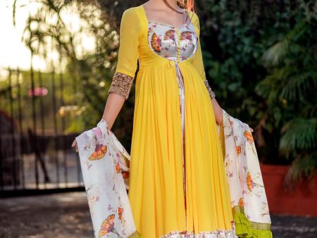 Yellow Tulip Print Anarkali Set For Discount