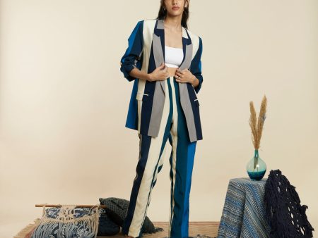 BLUE STRIPE PRINT BLAZER SET Discount