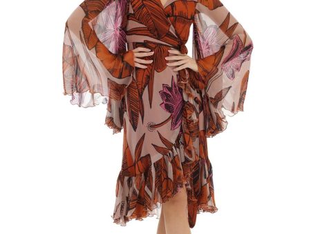 Orange & Beige Floral Wrap Dress Hot on Sale