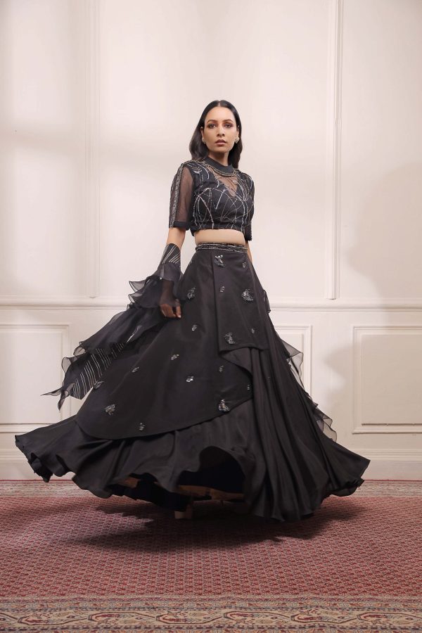 Black onyx layered lehenga set  with ruffle dupatta Hot on Sale