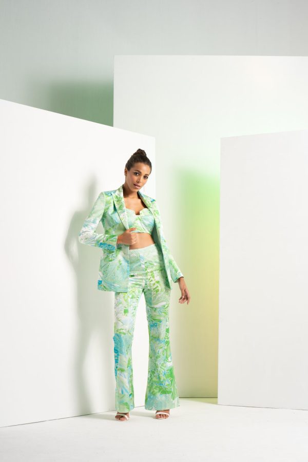 Green Raw Crystal Pant Satin Suit with Bustier For Sale