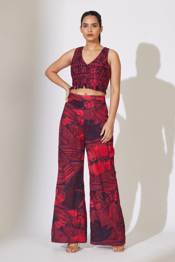 Red And Maroon Floral Embroidered Pants Hot on Sale