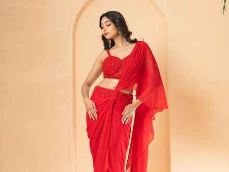 Red Embroidered Pre-Stitched Drape Corset Saree For Sale