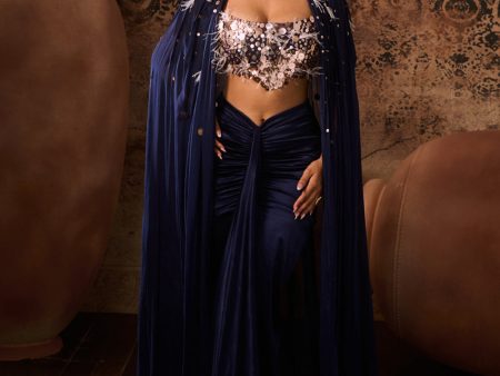 Navy Blue Embroidered Corset With Embroidered Cape With Drape Skirt Discount