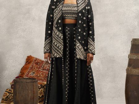 Black Embroidered Silk Jacket, Crop Top And Sharara Online Hot Sale