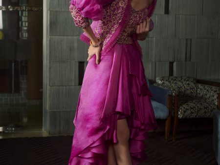 Fuschia Layered Gown With An Embroidered Jacket For Discount