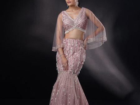 Elise  Bronz Fishcut Pearl Lehenga Set With Cape Online Sale