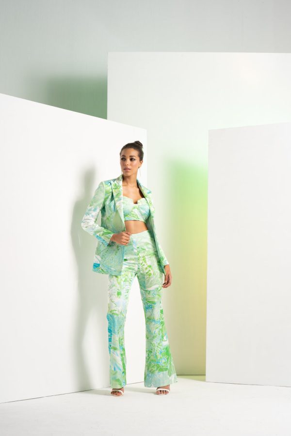 Green Raw Crystal Pant Satin Suit with Bustier For Sale