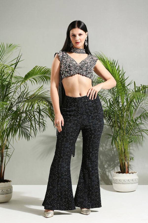 Black Thread And Mirror Hand Embroidered Palazzo Set Cheap