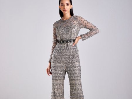 GREY FLORAL & GEOMETRIC COMBINED MIX JUMPSUIT WITH BELT Sale