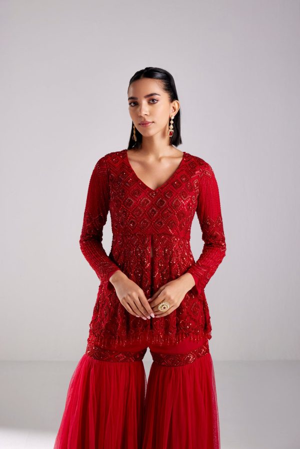 CRIMSON RED DIAMOND PEPLUM WITH GHARARA PANTS Hot on Sale