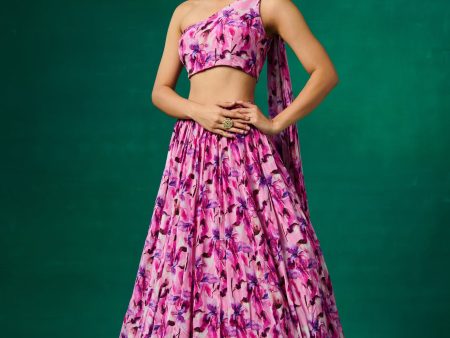 Mauve Floral Print Lehenga Set with Dupatta Discount