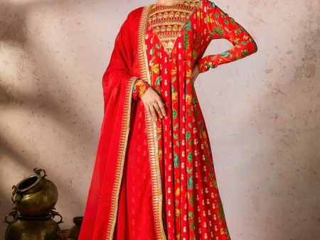 Red Tropical Rhapsody Anarkali Set on Sale