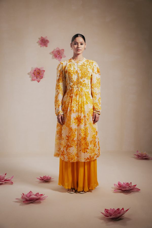 Yellow Rasasvada Printed Kurta Dress(Chiffon) For Sale