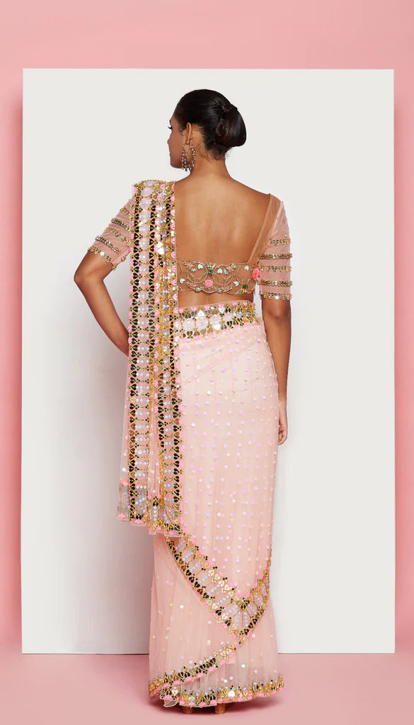 BARELY BLUSH - BLUSH PINK EMBELLISHED SAREE SET For Discount