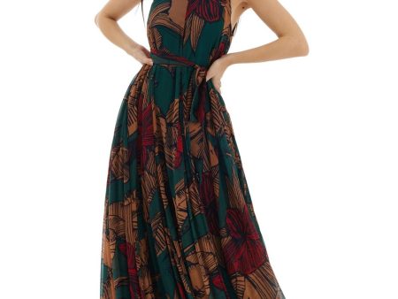 Green, Beige & Red Floral Long Dress Online