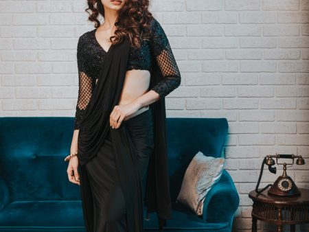 Black draped saree with embroidered blouse Cheap