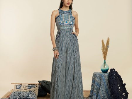 BLUE GEOMETRIC PRINT YOKE STYLE JUMPSUIT Cheap