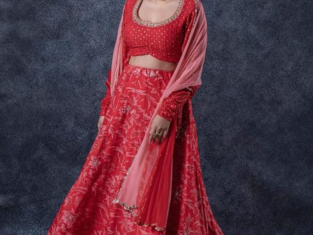 Crimson Red Floral Lehenga Set For Discount