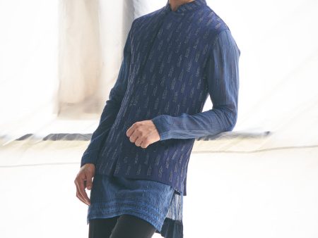 Blue Ruched Cutdana Work Nehru Kurta Set Online