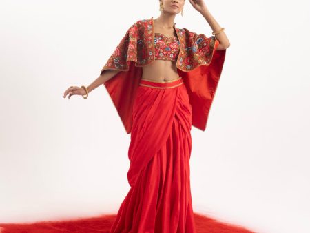 Elegant 3-Piece Set Featuring A Red Cotton Silk Draped Skirt Set For Cheap