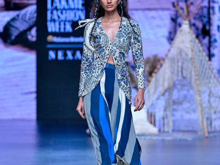 BLUE SAFAR JAAL JACKET WITH DRAPE SKIRT Discount