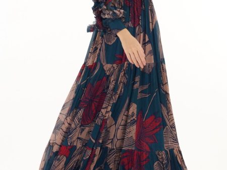 Blue, Orange & Red Floral Frill Long Dress Cheap