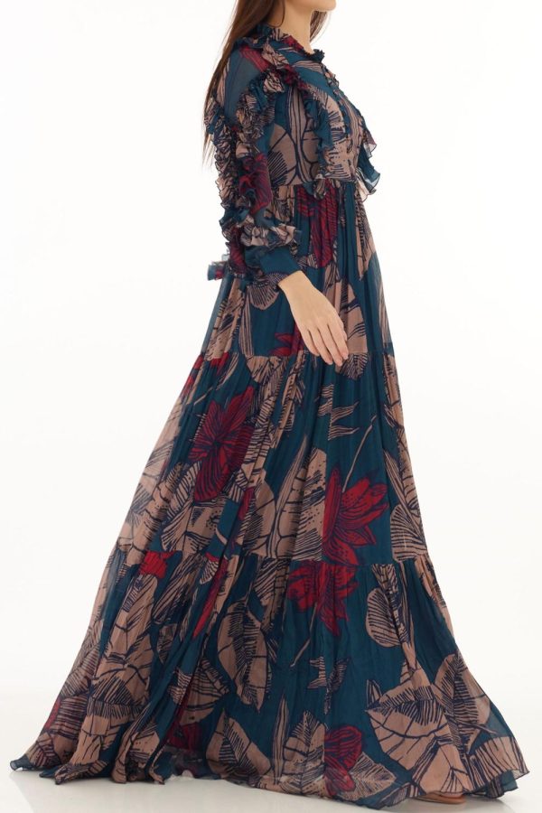 Blue, Orange & Red Floral Frill Long Dress Cheap