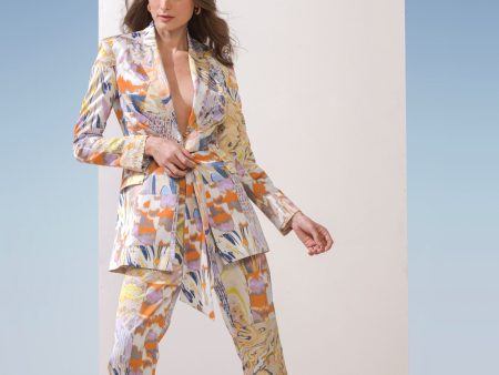 SATIN YELLOW PRINTED JACKET SET For Sale