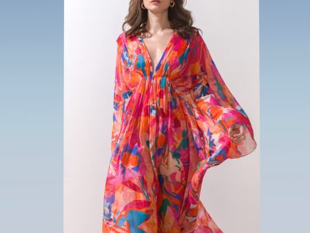 Chiffon Printed Kaftan With Gathered Waist Detail & Side Slit Supply